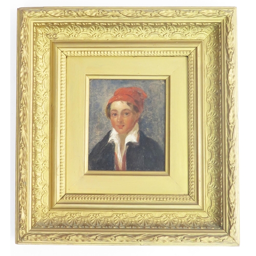 1531 - 19th century continental school, Portrait of a young man with a red cap, oil on board, unsigned, ins... 