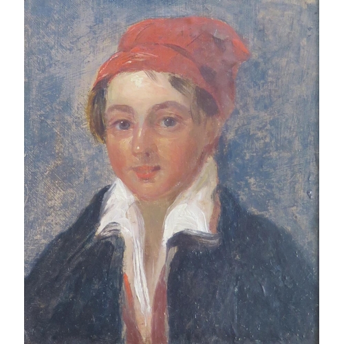 1531 - 19th century continental school, Portrait of a young man with a red cap, oil on board, unsigned, ins... 