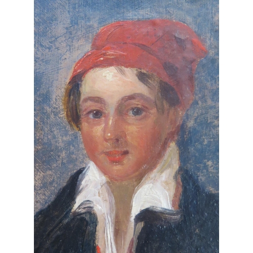 1531 - 19th century continental school, Portrait of a young man with a red cap, oil on board, unsigned, ins... 