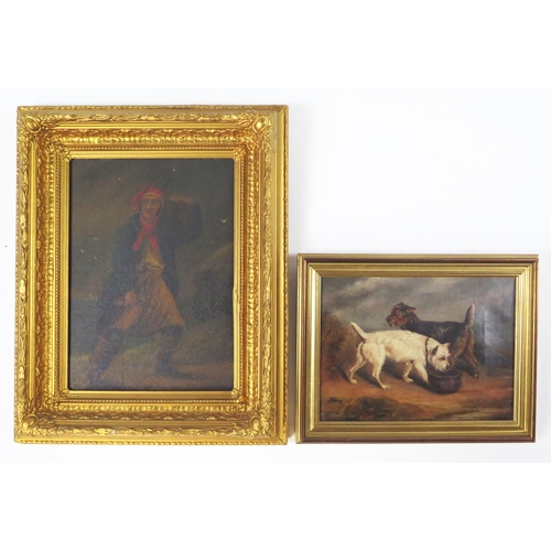 1538 - J Barry, study of two terriers, signed and dated 1836, oil on canvas, 30 x 22, framed, A/F and a por... 