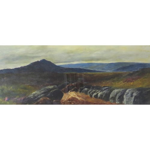 1544 - Moorland scenes including 'Dartmoor' by Fred W Gard, oil on board, signed, 60 x 24, F & G, F Ward Bu... 