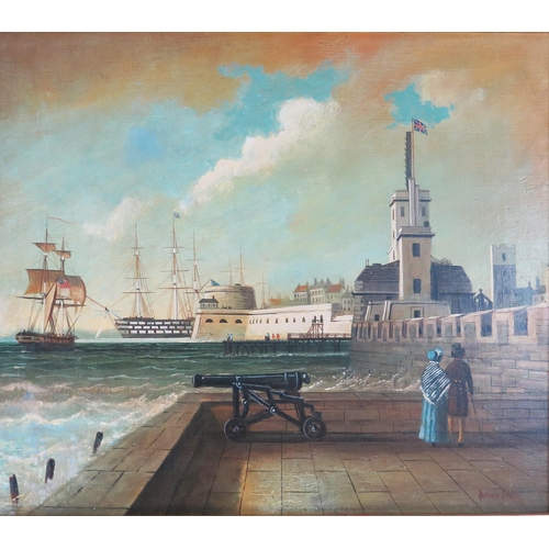 1556 - Brian Coole (British b.1939), Harbour and Ships, oil on canvas, 40 x 34cm, gilt framed, 'Bridge on D... 