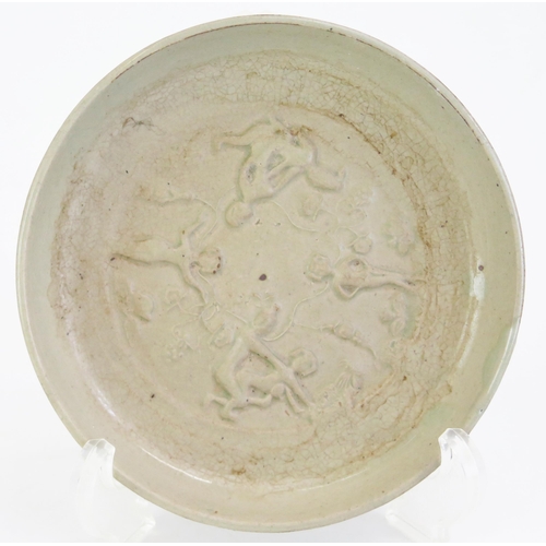 1139A - A Thai Porcelain Dish with erotic relief decoration, 16cm diam.