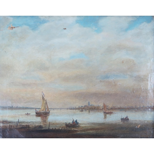 734 - Large 19th century oil on canvas, Dutch fishing boats scene, 64 x 50cm, ornate gilt frame  A/F