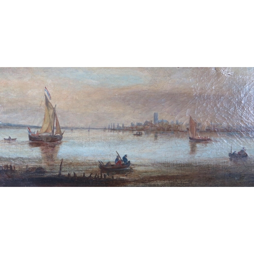 734 - Large 19th century oil on canvas, Dutch fishing boats scene, 64 x 50cm, ornate gilt frame  A/F