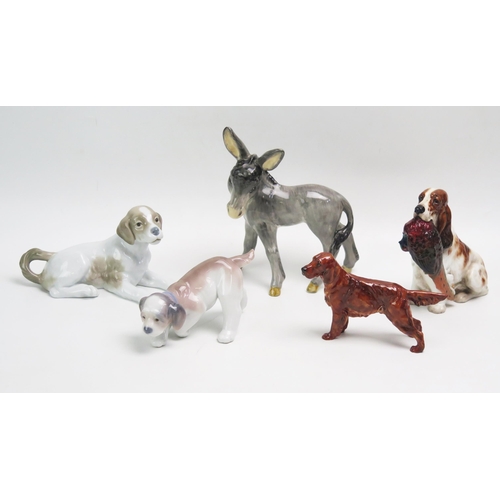 1004 - A group of five assorted animal figurines includes HN 1028 Spaniel and Pheasant, HN 1056, Red Setter... 