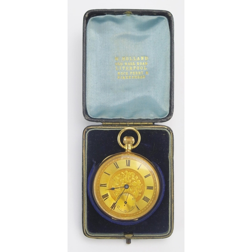 102 - An 18ct Gold Open Dial Keyless Pocket Watch with 18ct gold dust cover, 46.6mm case, 65.69g. Cased an... 