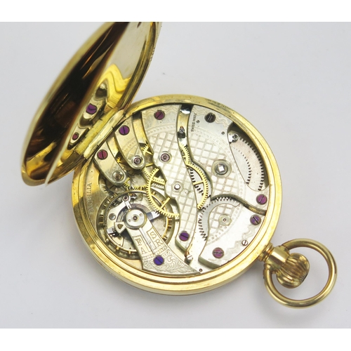 102 - An 18ct Gold Open Dial Keyless Pocket Watch with 18ct gold dust cover, 46.6mm case, 65.69g. Cased an... 