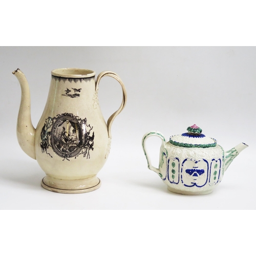 1034 - A 19th century creamware teapot and cover with moulded decoration, 18cm long, together with a cream ... 