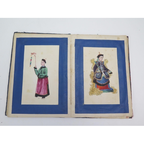 1081 - A book of twelve Chinese rice paper paintings depicting figures in traditional robes and costumes, e... 