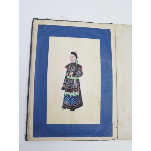 1081 - A book of twelve Chinese rice paper paintings depicting figures in traditional robes and costumes, e... 