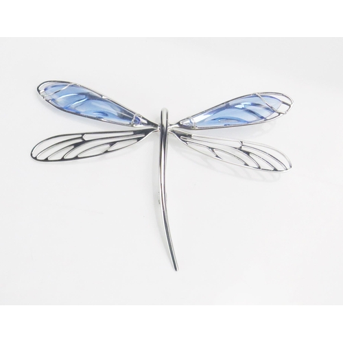 110 - A Lalique silver brooch, in the form of a dragonfly with blue glass wings, stamped 'BA 925 Lalique',... 