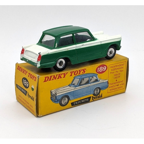 1125 - Dinky 189 Triumph Herald in green and white, spun hubs - excellent in box