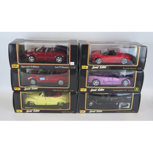 1154A - Maisto Special Edition 1/18th scale diecasts includes Citroen 15cv Cyl, Lamborghini SE, Porsche Boxs... 