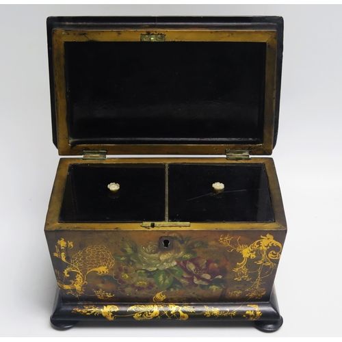 1206 - A 19th century papier mache tea caddy, of rectangular outline, the hinged lid enclosing two lidded z... 