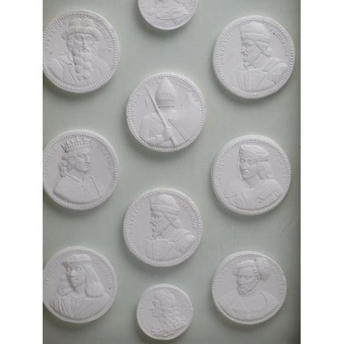 1213 - A set of plaster gems relating to Scottish kings, mounted framed and glazed 48 x 27.5cm.