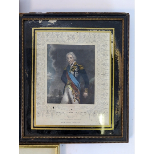 1318B - A polychrome print of Horatio Viscount Nelson, 12 x 10cm a Gibraltar Gas Company share certificate, ... 