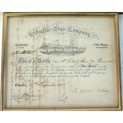 1318B - A polychrome print of Horatio Viscount Nelson, 12 x 10cm a Gibraltar Gas Company share certificate, ... 