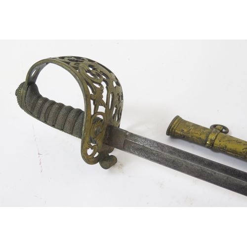 1342 - A 19th century officers sword with 82cm floral etched and fullered blade, with pierced knuckle guard... 