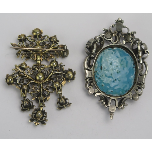 135 - Two Italian Brooches. Pin to enamel brooch (62.5x39.9mm) missing and clasp missing on the other