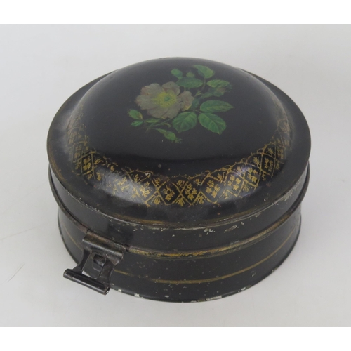 1351 - A tole ware spice box, of circular outline, the domed hinged lid enclosing five compartments, 15.5cm... 