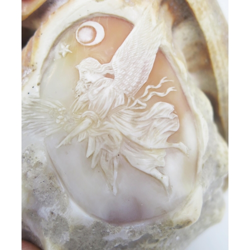 1371 - A carved conch shell cameo, depicting and angel and child below a crescent moon and star,