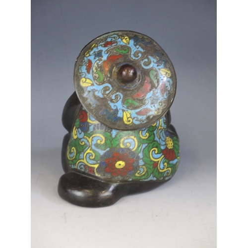 1392 - A Japanese bronze and enamel Tanuki censer with cloisonne decoration to the lid, back and front. The... 