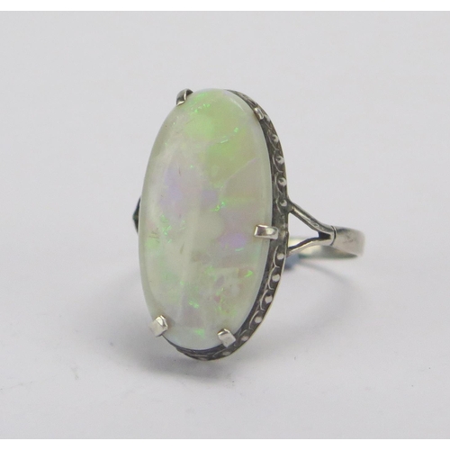 141 - A Singlet Opal and Silver Ring, 21.6x11.3mm stone. Claws damaged