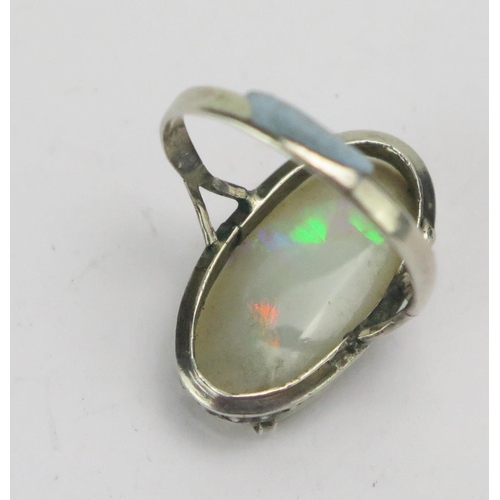 141 - A Singlet Opal and Silver Ring, 21.6x11.3mm stone. Claws damaged