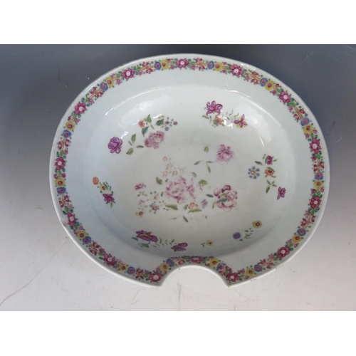 1417 - A 19th century Chinese famille rose barbers bowl, rim chipped and enamel worn, 30cm wide,