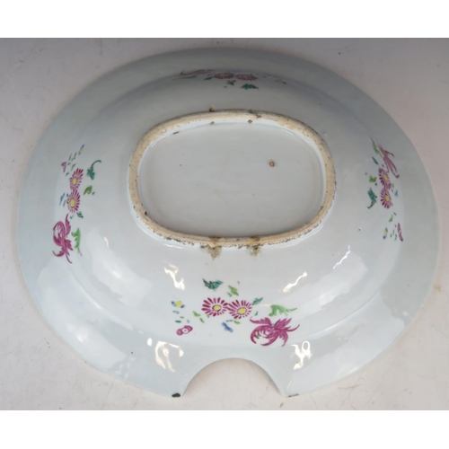 1417 - A 19th century Chinese famille rose barbers bowl, rim chipped and enamel worn, 30cm wide,