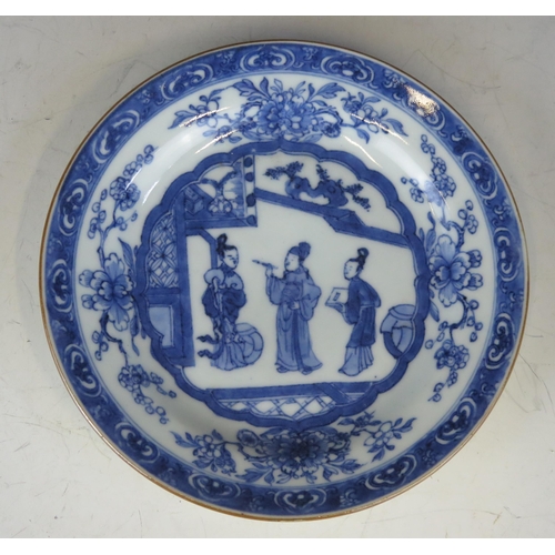 1420 - A 19th century Chinese blue and white dish, decorated with figures in a garden setting, 16.5cm diame... 