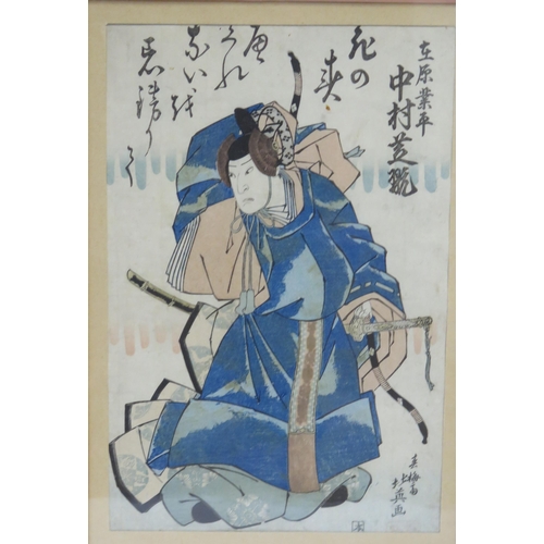 1428 - After Hokuei, a woodblock print of the actor Utaemon IV  as a samurai warrior, 37 x 23cm, together w... 