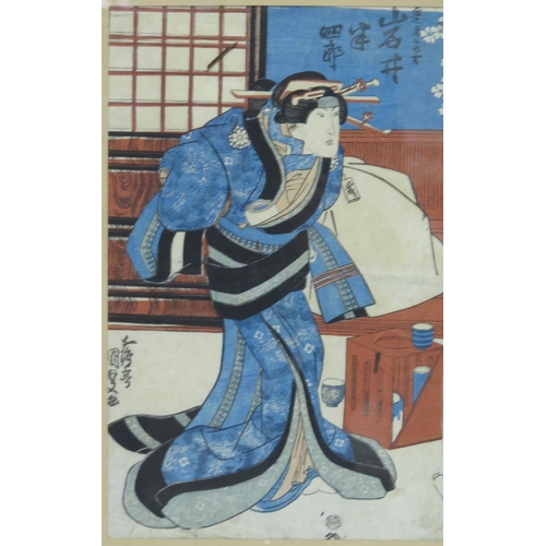 1428 - After Hokuei, a woodblock print of the actor Utaemon IV  as a samurai warrior, 37 x 23cm, together w... 