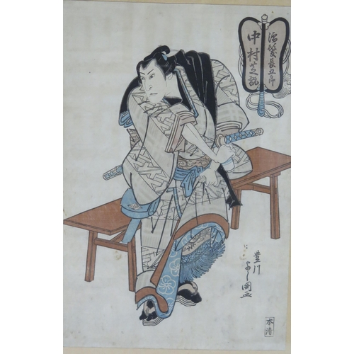 1428 - After Hokuei, a woodblock print of the actor Utaemon IV  as a samurai warrior, 37 x 23cm, together w... 