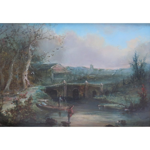 1428A - Chinese School, A Lakeside Bridge, oil on board, 22 x 31cm together with a companion of a Riverside ... 