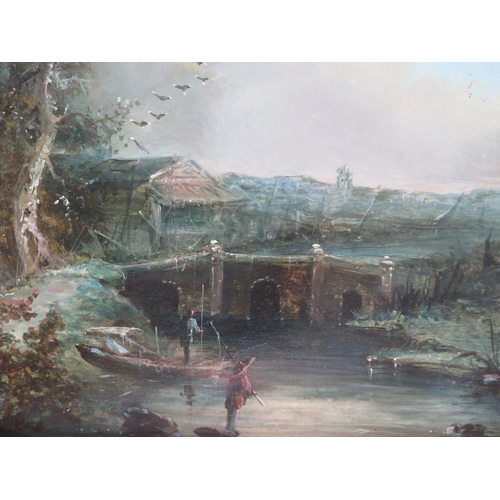 1428A - Chinese School, A Lakeside Bridge, oil on board, 22 x 31cm together with a companion of a Riverside ... 