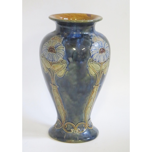 1454 - A Royal Doulton Arts & Craft period vase, with stylised floral decoration, 27cm high. repair to foot