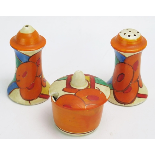 1460 - A Clarice Cliff  Fantasque Bizarre range condiment set, includes salt, pepper and mustard pot with l... 