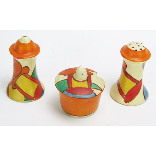 1460 - A Clarice Cliff  Fantasque Bizarre range condiment set, includes salt, pepper and mustard pot with l... 