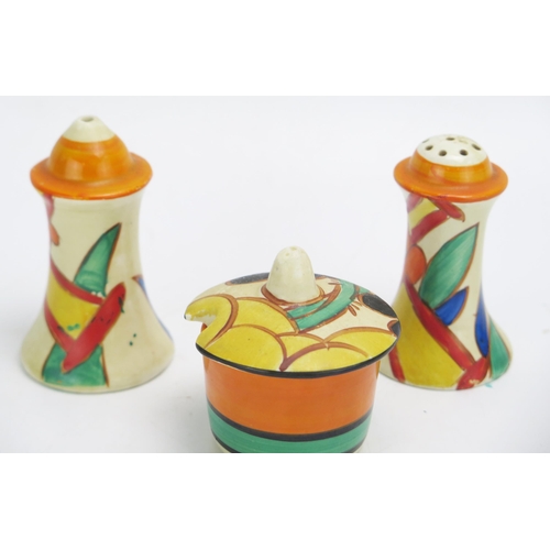 1461 - A Clarice Cliff  Fantasque Bizarre range matched  condiment set, includes salt, pepper and mustard p... 