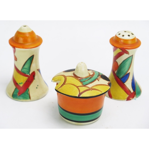 1461 - A Clarice Cliff  Fantasque Bizarre range matched  condiment set, includes salt, pepper and mustard p... 