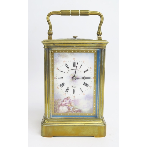 1500 - A late Victorian French lacquered brass and porcelain repeating carriage clock, with 7cm porcelain d... 