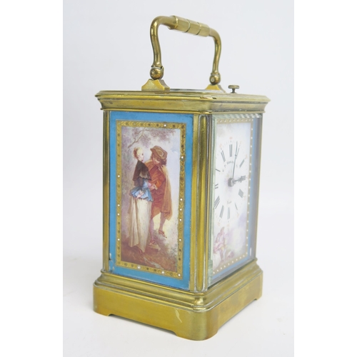 1500 - A late Victorian French lacquered brass and porcelain repeating carriage clock, with 7cm porcelain d... 