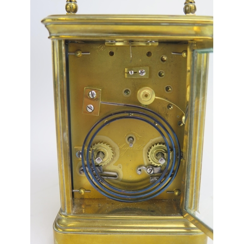 1500 - A late Victorian French lacquered brass and porcelain repeating carriage clock, with 7cm porcelain d... 