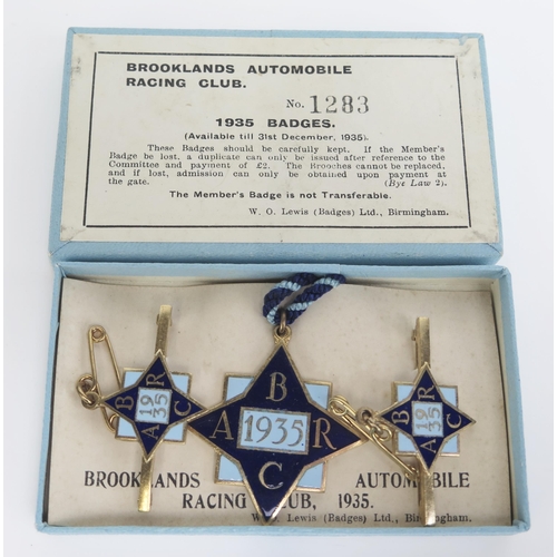 1539D - A boxed set of three BARC Brooklands member's and guest's lapel badges, 1935, number 1283, in blue a... 