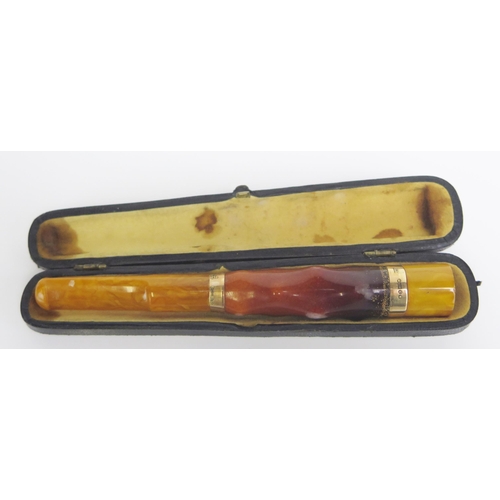 1540 - An amber cheroot holder, contained in a Morocco leather case.