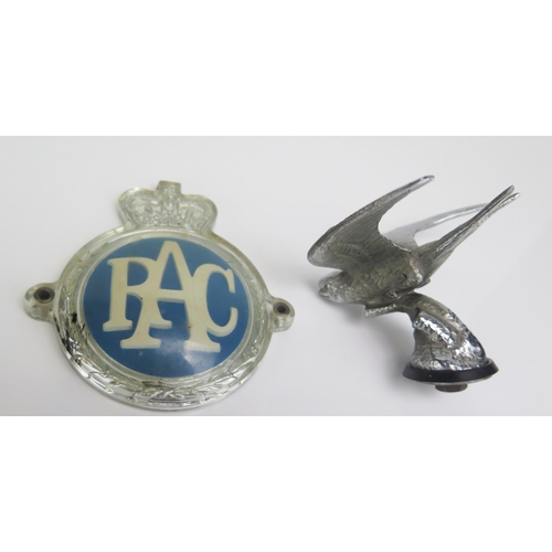 1541 - A chrome plated car mascot in the form of a swift or swallow, and an RAC car badge.