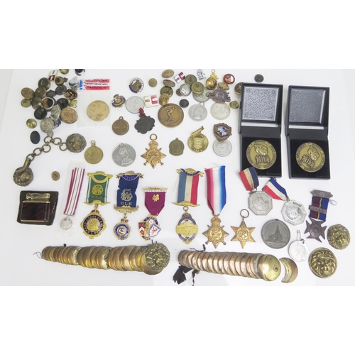 1542 - A reproduction Mons Star, assorted medallions, buttons, and sporting medals etc,