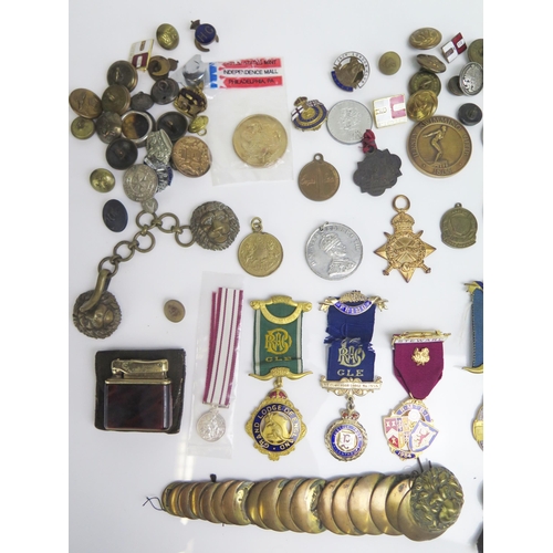 1542 - A reproduction Mons Star, assorted medallions, buttons, and sporting medals etc,